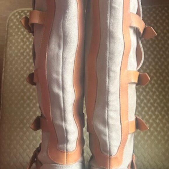 Free People Tristie Buckle Moto Tan Suede Leather Straps Knee High Boots - Picture 4 of 16